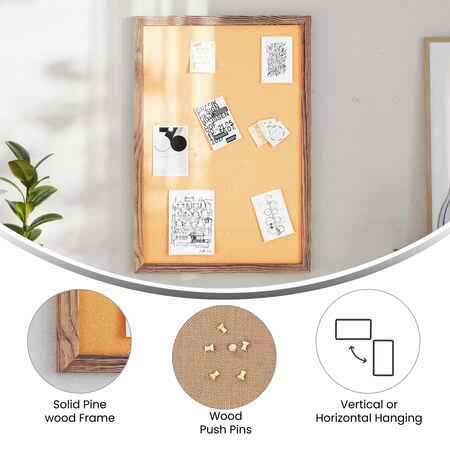 Flash Furniture Camden Rustic 20in. x 30in. Wall Mount Cork Board w/Wooden Push Pins, Torched Brown HGWA-CK-20X30-BRN-GG